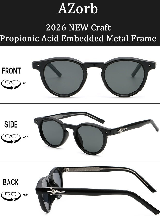 AZorb 2026 NEW Sunglasses Men Women - Propionic Acid Embedded Metal Frame Round Superior Quality Sun Glassess Men's Ladies Retro Sunglass UV400 Protection Shades for Travel Driving Daily Black - Image 3